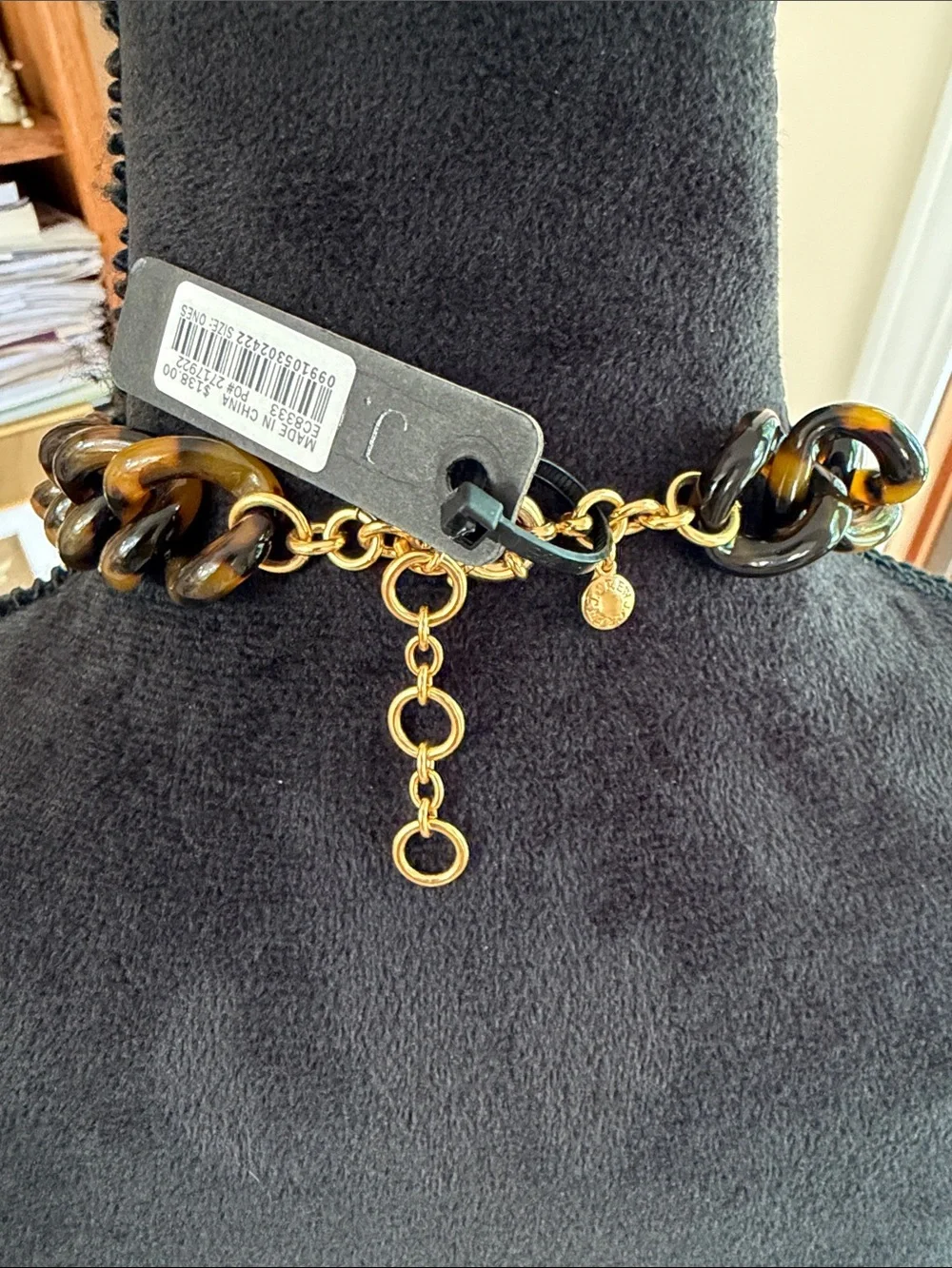 J. Crew Tortoiseshell Link Necklace with Brass Flower/Clear Crystal Cluster, NWT